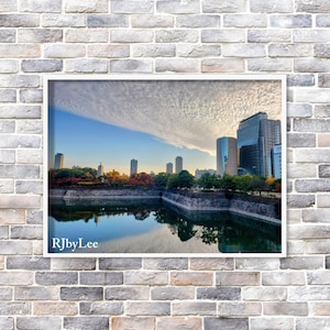 Arte murale con vista sulla città, paesaggio urbano stampabile, estetica calma, download digitale, stampa fotografica A3