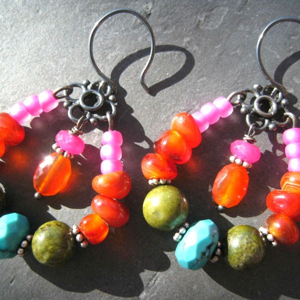 Southwest Earrings, Earthy Gemstone Hoops, Turquoise, Unikite, Carnelian, Oxidized Sterling, Bohemian Jewelry