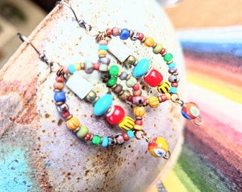 Tribal African bead earrings, Rustic wire wrapped ethnic hoops, colorful African earrings, Big statement earrings