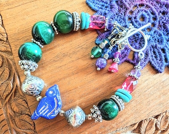 Handmade gemstone & blue bird beaded bracelet, Mixed gemstone with artisan sterling silver bead bracelet