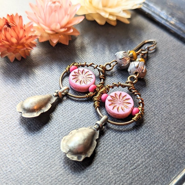 Gypsy kuchi charm earrings, Handmade bellydance jewelry, Spiritual goddess earrings, Lotus flower earrings