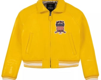 Handmade Women’s Leather Avirex Style Jacket | Gold Cropped Bomber Cowhide Jacket