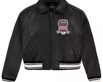 Handmade AVIREX Black Cropped Bomber Jacket | Women's American Flight premium Leather Coat