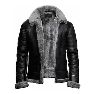 Blouson aviateur RAF B3 fait main pour homme | Manteau noir en cuir d&#39;agneau et peau retournée