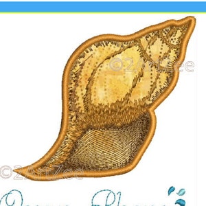 May include: An embroidery design of a golden-brown seashell with detailed stitching patterns. Below the shell, the text reads Ocean Phone in a blue cursive font, accompanied by three small blue water droplet icons.