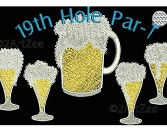 Golf 19th Hole Party with Beer Pitcher and Glasses PAR Golf Tee Machine Embroidery Design