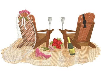 Beach Wedding Bliss Machine Embroidery Design Couple Nuptials Sand Chairs Shoes Veil Bowtie Champagne Flowers