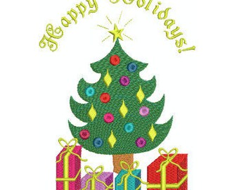 Happy Holidays Christmas Tree with Presents and Ornaments Machine Embroidery Design