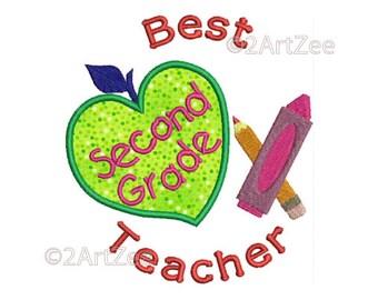 Second Grade Teacher Best Teacher Machine Embroidery Applique Design Apple Crayon Pencil Heart