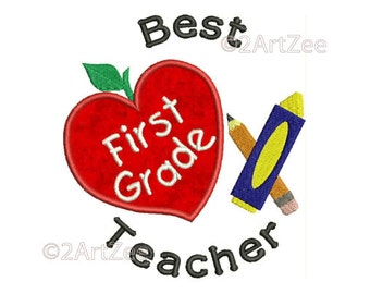 First Grade Teacher Best Teacher Machine Embroidery Applique Design Apple Crayon Pencil Heart