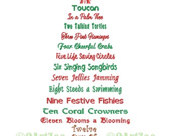 12 Tropical Days of Christmas Machine Embroidery Design Tropics Happy Holidays My True Love Gave to Me
