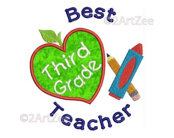 Third Grade Teacher Best Teacher Machine Embroidery Applique Design Apple Crayon Pencil Heart