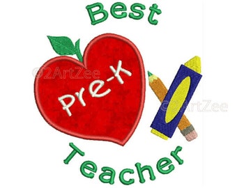 PreK Kindergarten  Teacher Best Teacher Machine Embroidery Applique Design Apple Crayon Pencil Heart