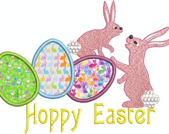 Hoppy Bunny Momma and Baby Happy Easter Applique Machine Embroidery Design Easter Eggs