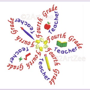 Elementary School Fourth Grade Word Flower 3 sizes  Machine Embroidery Design Thank you Appreciation Gift