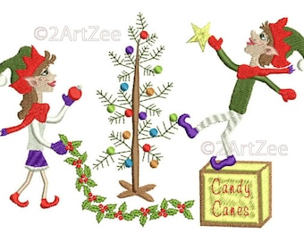 Christmas Tree Decorating Elves Machine Embroidery Design Holly Candy Canes
