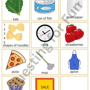 May include: A colorful grocery store hunt game with illustrations of food items like kale, a can of fish, strawberries, pizza, and a muffin. The game includes a clock, mop, apron, and a sale sign. Text includes "Questing for Fun: Grocery Store Hunt".