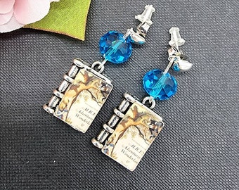 Alice In Wonderland Book Dangle Earrings - Beaded Drop Earrings - Reader Gift