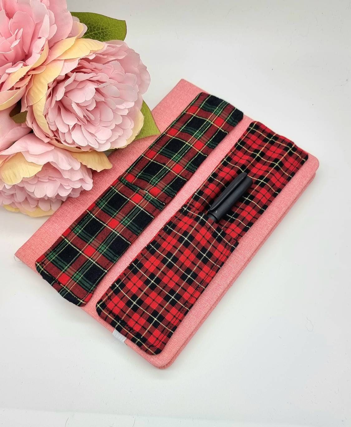 Linen Pencil Case Adult Pen Organizer Purple Brown Tartan Zippered Pouch  Gift for Coworker, Student 