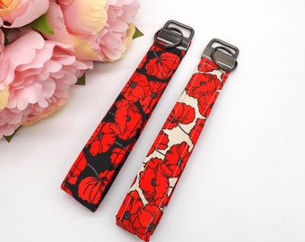 Poppies Wristlet - Fabric Key Fob - Wrist Lanyard - Floral Wristlet Key Chain  - Boho Key Ring Cotton Wristlet