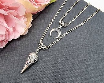 Khonsu Crow Bird Skull Moon Double Layered Necklace - Gothic Moon Knight Necklace - Magical Witch Craft, Egyptian God Necklace