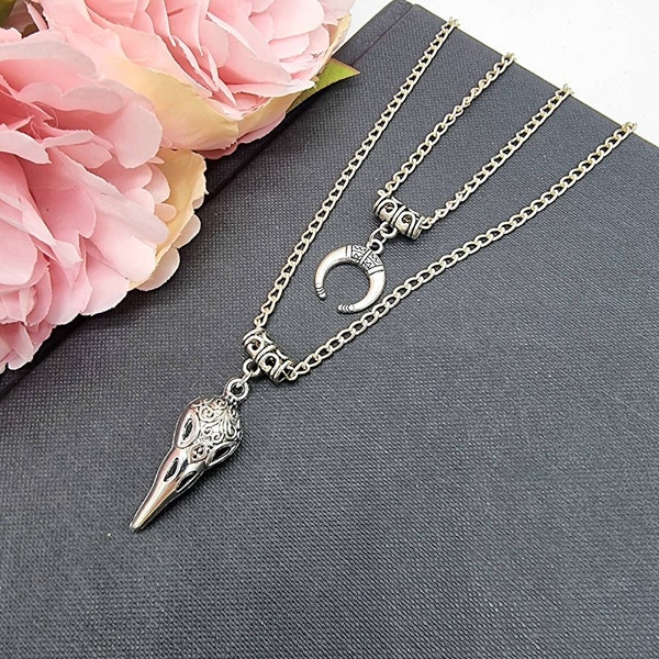 Khonsu Crow Bird Skull Moon Double Layered Necklace - Gothic Moon Knight Necklace - Magical Witch Craft, Egyptian God Necklace