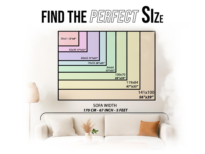 May include: Image showing a size guide for artwork, with dimensions in inches. The guide includes sizes like 30x21 inches, 42x30 inches, and up to 141x100 inches. Text at the top reads "FIND THE PERFECT SIZE". A sofa is shown below the guide.