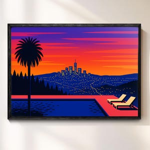 Hiroshi Nagai Retro Sunset City View Canvas Decor – Modern Palm Pool Scene with Neon Skyline Wall Art, Vibrant Wall Art for Cool Wall Art
