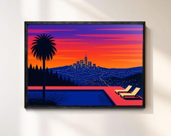 Hiroshi Nagai Retro Sunset City View Canvas Decor – Modern Palm Pool Scene with Neon Skyline Wall Art, Vibrant Wall Art for Cool Wall Art