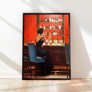 Woman at Bar Canvas Art: Elegant Lounge Scene, Bold Red Decor