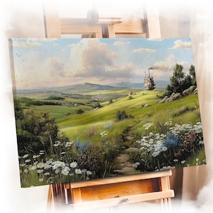 May include: A wrapped canvas print of a landscape painting. The artwork depicts a green hillside with a path leading through wildflowers. A whimsical structure with a chimney sits atop a distant hill. The word "GALLERY" is printed vertically on the left side.