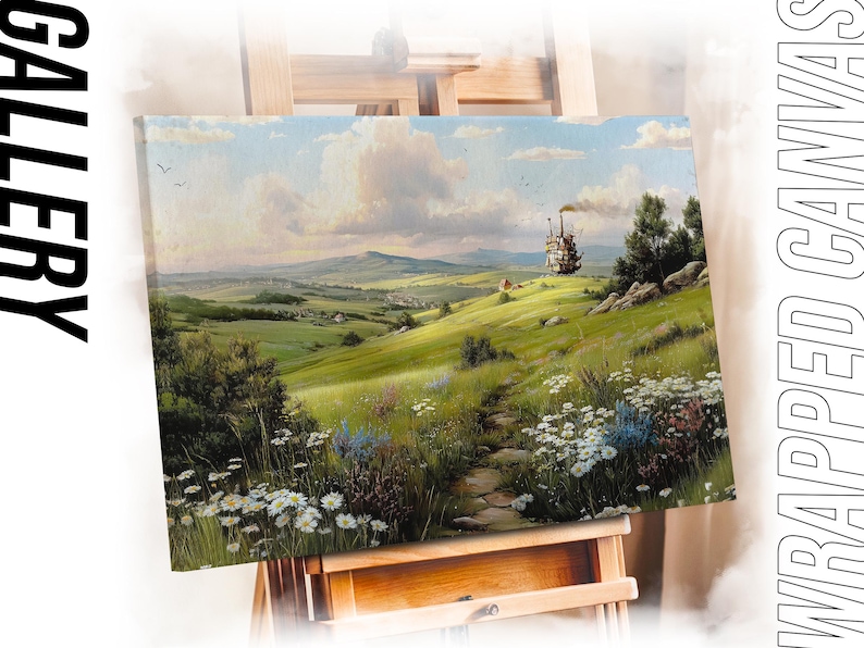 May include: A wrapped canvas print of a landscape painting. The artwork depicts a green hillside with a path leading through wildflowers. A whimsical structure with a chimney sits atop a distant hill. The word "GALLERY" is printed vertically on the left side.