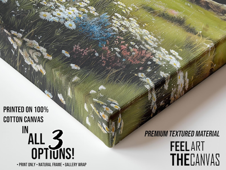 May include: A canvas print featuring a close-up of a meadow scene with white daisies, blue and pink wildflowers, and green grass. The canvas has a textured surface and is printed on 100% cotton canvas.