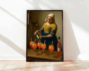 Vermeer Aperol Spritz Barmaid Canvas Wall Decor – Funny Classic Art Canvas for Kitchen or Bar Wall Decor, Frame, Wrap, Print