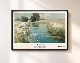 River Meadow Landscape Canvas – Serene Countryside Stream with Wildflowers Wall Art– Tranquil Nature Wall Art for Rustic Decor, Framed, Wrap