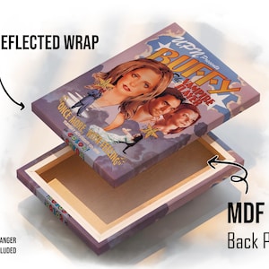 May include: A canvas print featuring the artwork from "Buffy the Vampire Slayer: Once More, With Feeling." The print has a reflected wrap and a MDF back panel. A sawtooth hanger is included. The artwork features the show's main characters.