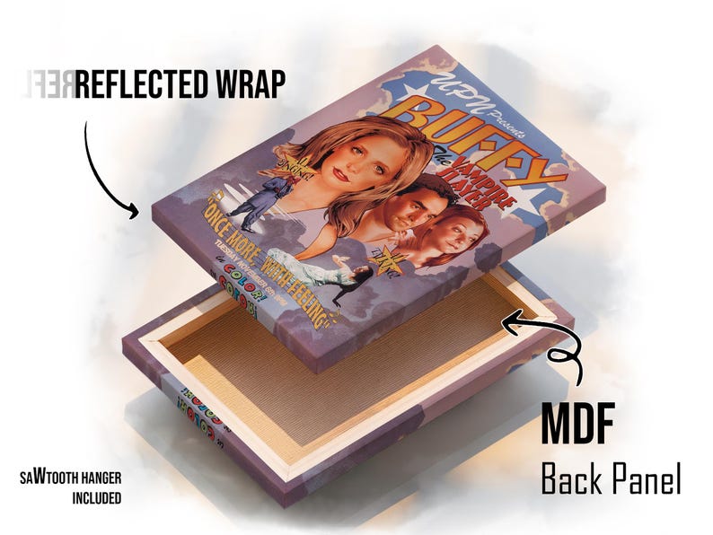 May include: A canvas print featuring the artwork from "Buffy the Vampire Slayer: Once More, With Feeling." The print has a reflected wrap and a MDF back panel. A sawtooth hanger is included. The artwork features the show's main characters.