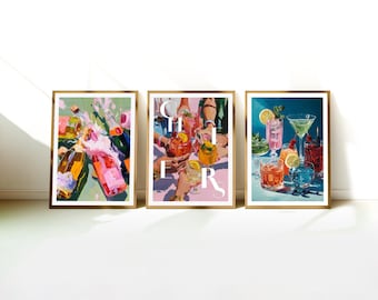 Cheers Triple Wall Art, Retro Bar cart Print, Cheers Print, Cheers Poster, Wine print, Champagne Poster, Cocktail Print, Bar Cart Poster