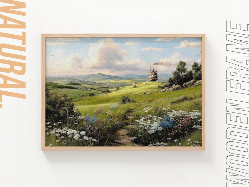 May include: A framed landscape painting with a wooden frame. The artwork depicts a green field with a path leading to a distant mountain range. A whimsical structure with a chimney sits on a hill. The word "NATURAL" is printed on the left side.