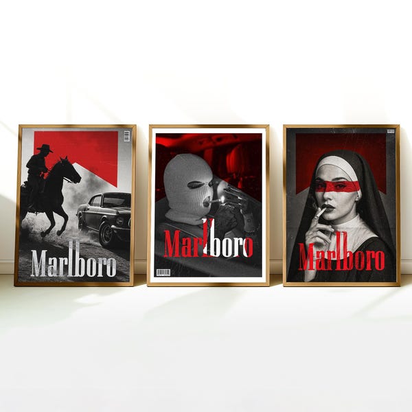 Vintage Zigarette Western Poster Druck - Retro Marlboro Druck - Vintage Marlboro Kunstdruck - Schwarz und weiß Mode Poster - Preppy Posters