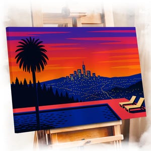 Hiroshi Nagai Retro Sunset City View Canvas Decor – Modern Palm Pool Scene with Neon Skyline Wall Art, Vibrant Wall Art for Cool Wall Art