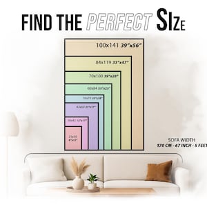 May include: Image showing a size guide with dimensions in inches for artwork. The text "FIND THE PERFECT SIZE" is at the top. The sofa width is 67 inches.