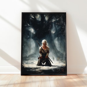 May include: A framed art print depicts a woman kneeling with a sword, set against a dark, atmospheric backdrop. The artwork features a palette of muted tones, with the woman's blonde hair and attire providing contrast. The overall theme is fantasy art.