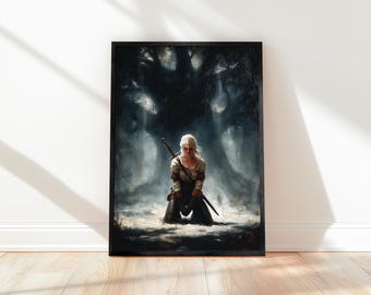 Puede incluir: Una impresión artística enmarcada representa a una mujer arrodillada con una espada, sobre un fondo oscuro y atmosférico. La obra de arte utiliza tonos apagados, con el pelo rubio y el atuendo de la mujer en contraste. El tema general es el arte fantástico.