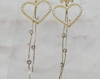 Sweetheart Pearl Earrings - Dainty Yellow Gold Dangle Drop Design with Bow Studs, Chain Tassels and Rhinestones [Romantic, Shoujo, Princess]