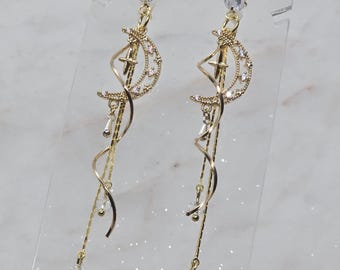 Dreamy Moon Earrings - Gold Dangle Drop Style with Diamond Studs, Silver Tear Charms, and Glass Beads [Formal, Costume, Elegant, Romantic]