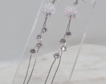 Sparkly Dangle Earrings - Sleek Silver Chain Tassel Drop with 3D Woven Crystal Charms and Diamond Studs [Elegant, Classy, Formal]