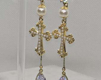 Princess Cross Earrings - Yellow Gold Studs with Christian Crosses, Pearls, and Diamonds with Back Dangle Drop Chain [Romantic, Elegant]