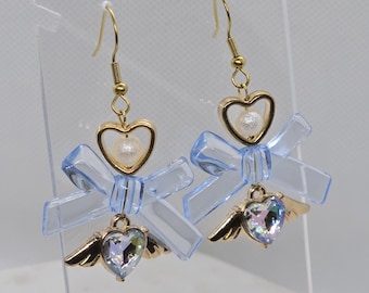 Coquette Heart Earrings - Gold Stainless Steel Hooks with Pearls, AB Crystals, Wings and Blue Bows [Cute, Kawaii, Princess, Angel, Whimsy]