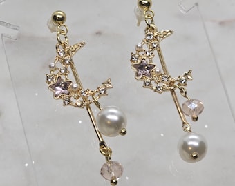 Whimsy Crescent Earrings -  Gold Stainless Steel Studs with Rhinestone Moons, Asymmetric Pearl and Bead Dangle [Kawaii, Princess, Shoujo]